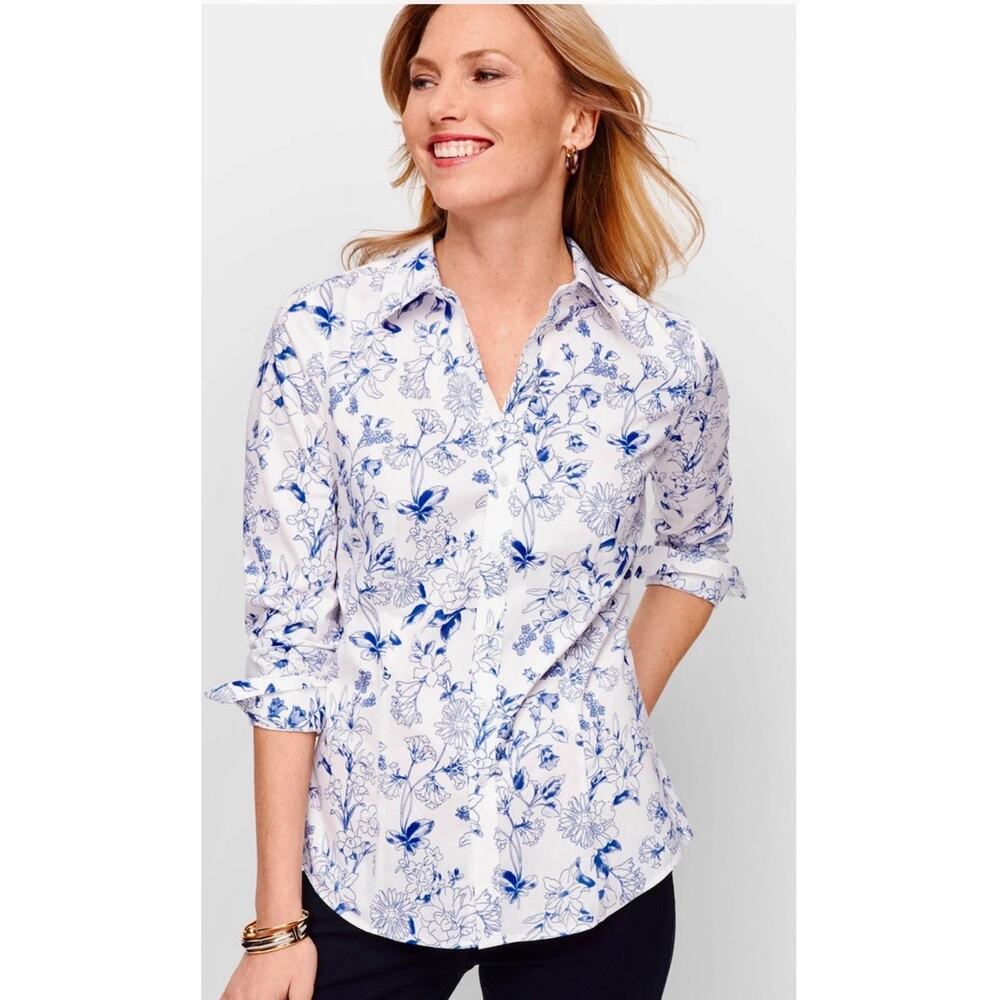 Talbots Womens Plus Size Button Down Shirt Floral Blue 18W 100% Cotton Coastal